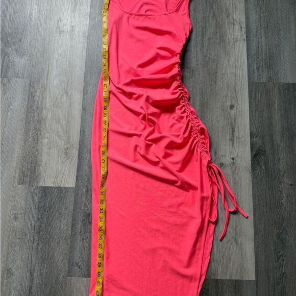 Ruched Midi Bodycon Dress Neon Pink Adjustable Leg Slit Small - Picture 10 of 10